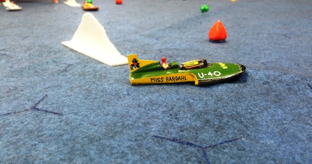 Chris Bauermeister rolled a twelve on a 12-sided die on turn one and never looked back.  Miss Bardahl won the race quite comfortably.
