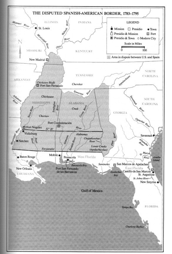 This map shows the disputed territory between the U.S. and Spain 1783-1795.  Map from The Spanish Frontier in North America by David Weber. 