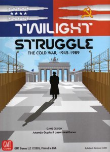Twilight Struggle is a card driven game from GMT about the Cold War.  Two player game, relatively easy to play, but a fair amount of tension.  Very influential game system. 