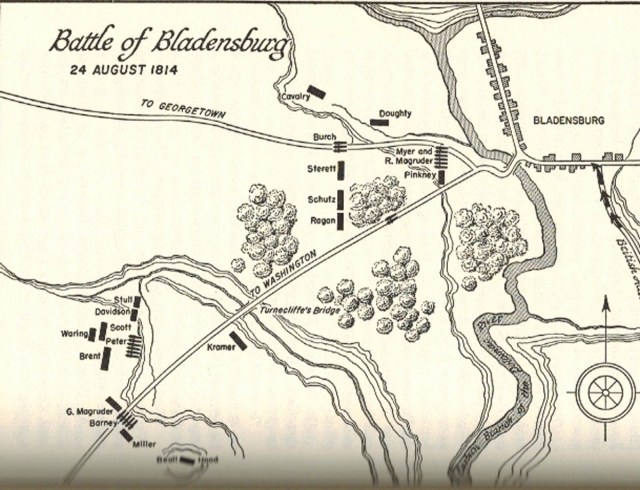 The battlefield is pie-shaped, with the Americans fighting in depth.  The British enter the field across a bridge at the apex of the pie.