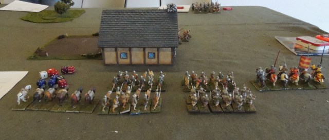 One of the English retinues.  Five units 54 figures is a pretty typical retinue size for Lion Rampant.