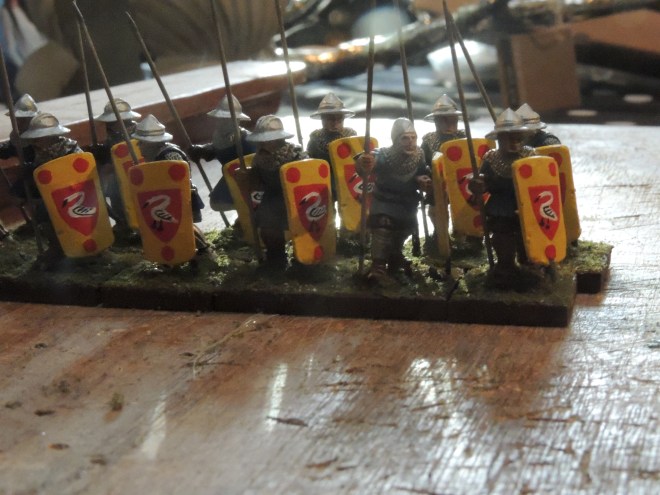 Very serviceable pavisiers offered by Old Glory with Perry pavises.  They are armed with the dangerous Northstar spears. They carry the colors of Boulogne.