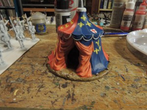 Baueda's medieval tent for 28 mm.  Try not to look too carefully a the markings.  Not my finest moment. 