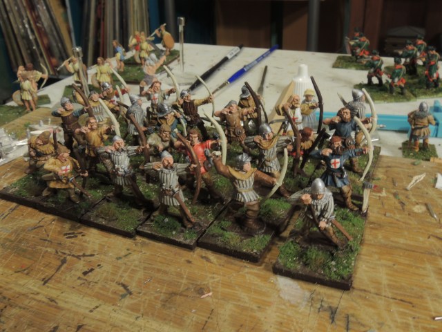 Old Glory longbows on half stands, ready to go.  