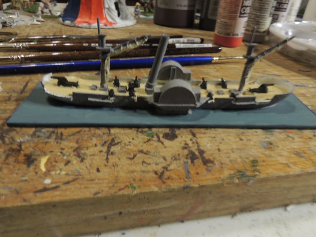 Portside view of the Miami.  the base colors are all there, but no additional work on the base and beginning to think about rigging. 