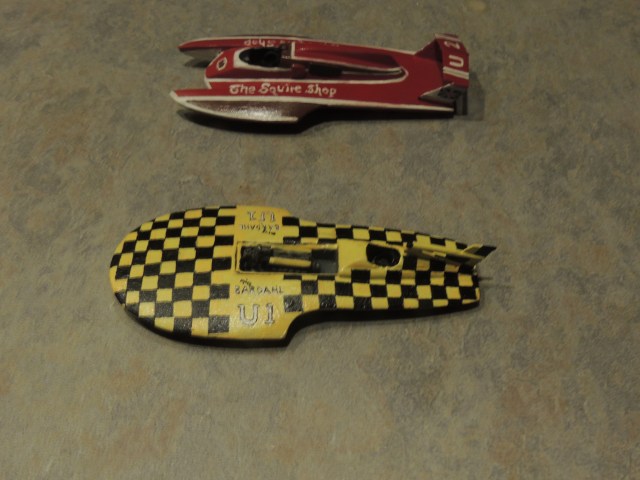 Two recently completed boats--The Squire Shop and the Bardahl.  About a a decade apart in racing years, a lifetime apart in hull design. 