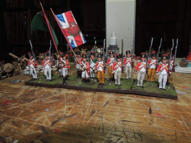Are my brushes too big?  Are the figures too small?  Are my 60 year old eyes too bad?  Dunno, but I found the Perry Volunteers challenging and hard to paint. Flags by GMB